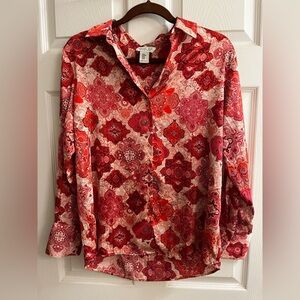RACHEL & ZOE-~Red and Pink Patterned Button Down Shirt~M~ RUNS BIG